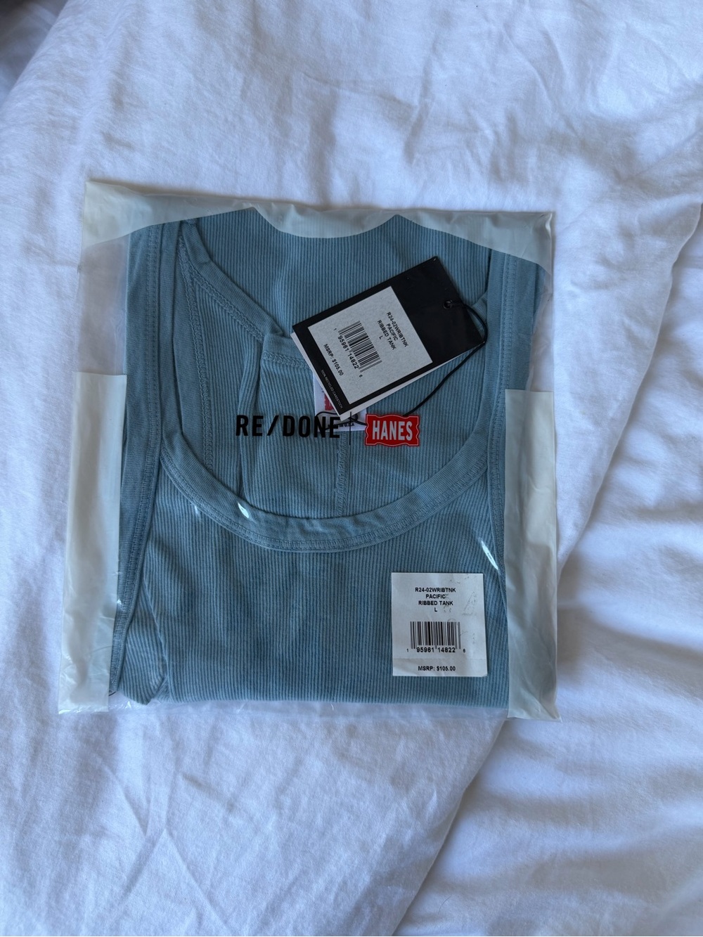 Re/Done Hanes Ribbed Tank in Dusty Blue